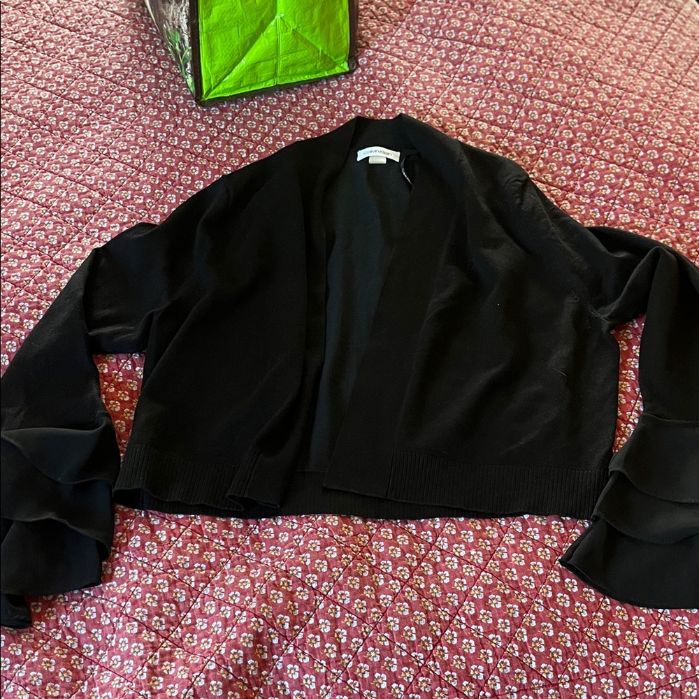 Calvin Klein Black Open Front Ruffle Sleeve Cardigan
